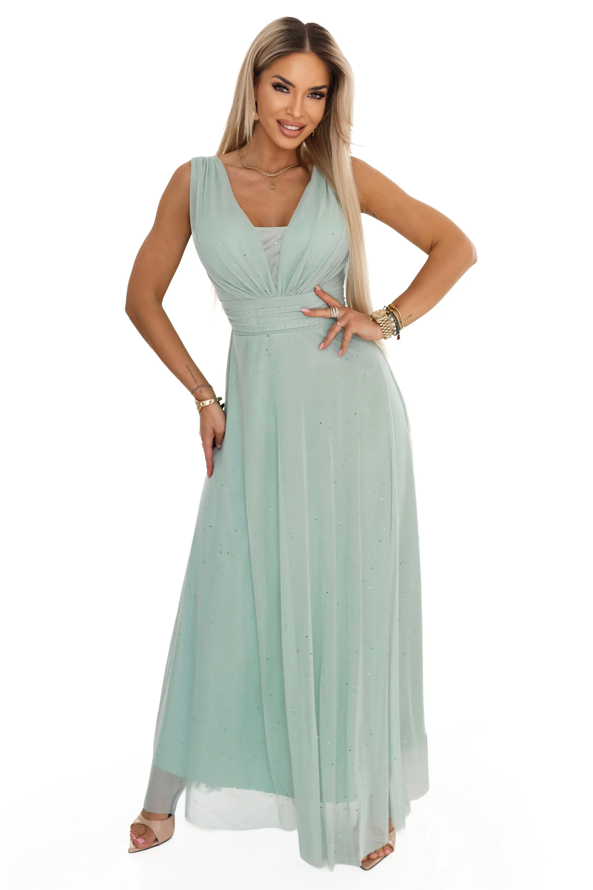 637-5 Long Maxi Dress with Glitter Accent and Deep Neckline - Pistachio