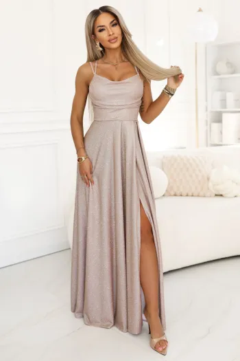  589-4 Long Dress with Subtle Shimmer and Corset Back Tie - Blush Pink with Glitter 