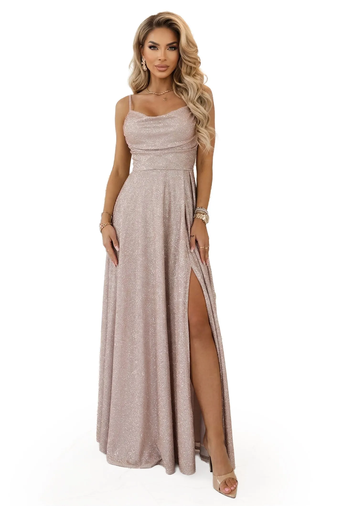 589-4 Long Dress with Subtle Shimmer and Corset Back Tie - Blush Pink with Glitter