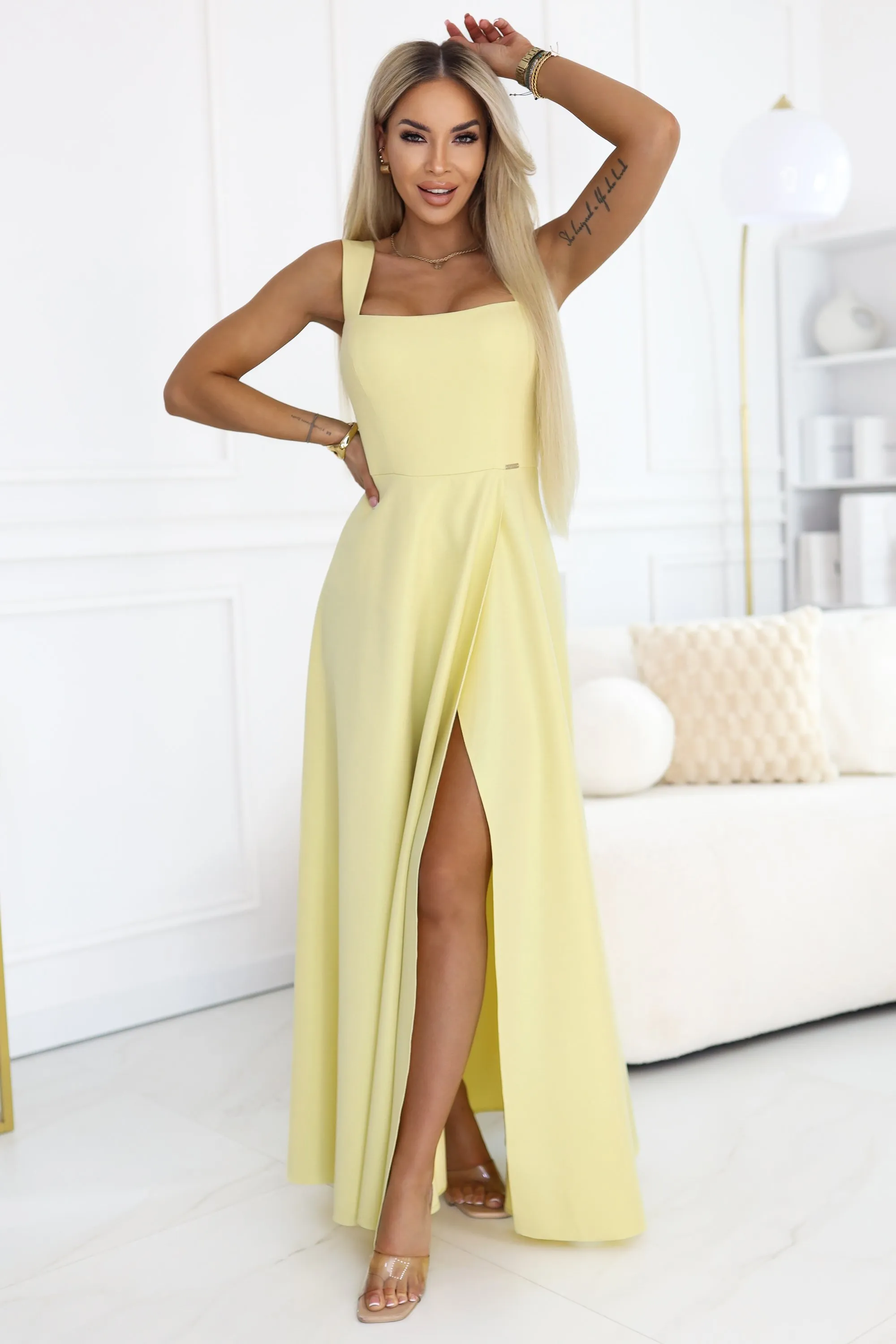 633-3 AURELIA Long Wedding Dress with Slit and Diamond Neckline - Butter Yellow with Glitter