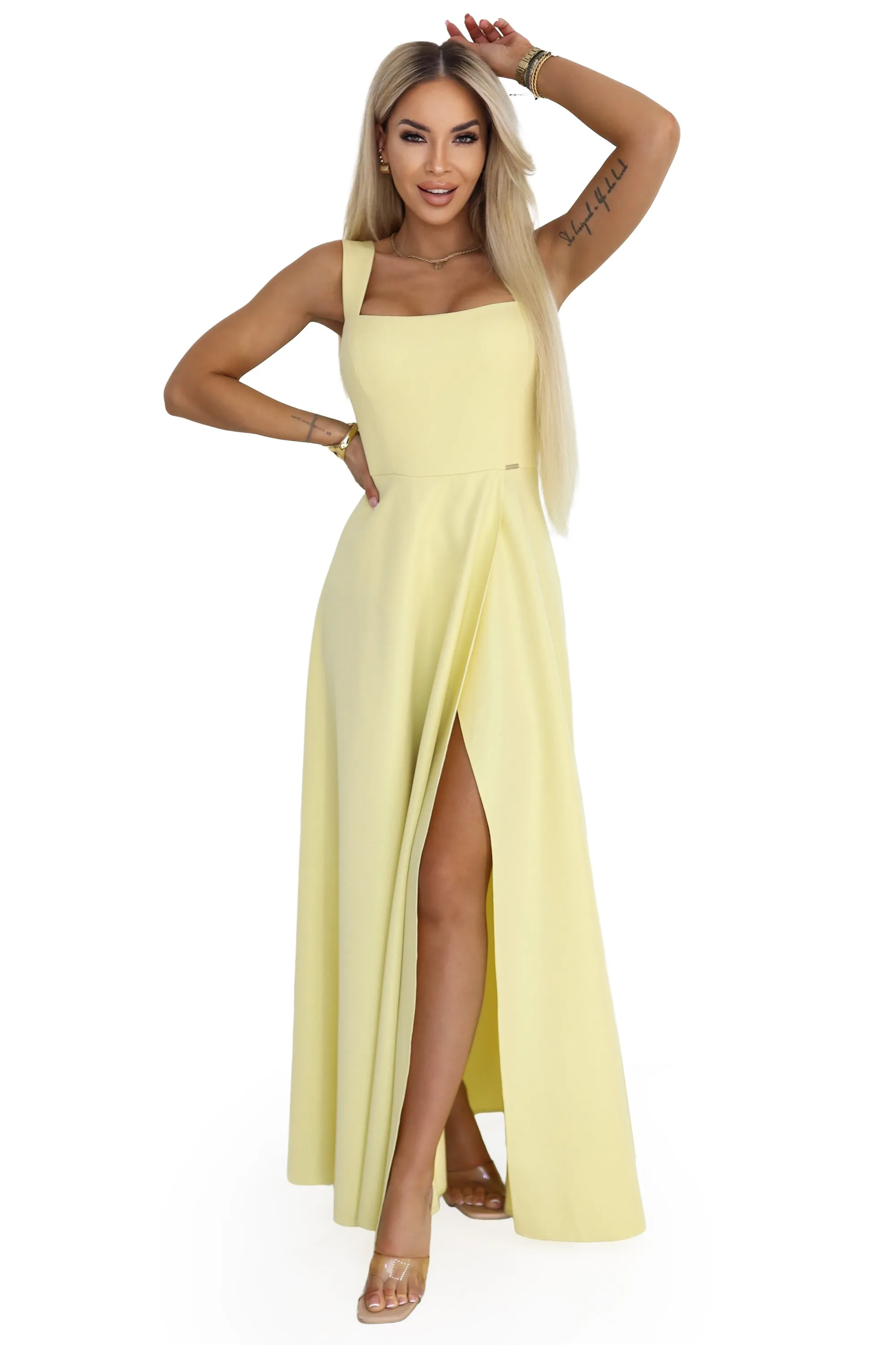 633-3 AURELIA Long Wedding Dress with Slit and Diamond Neckline - Butter Yellow with Glitter