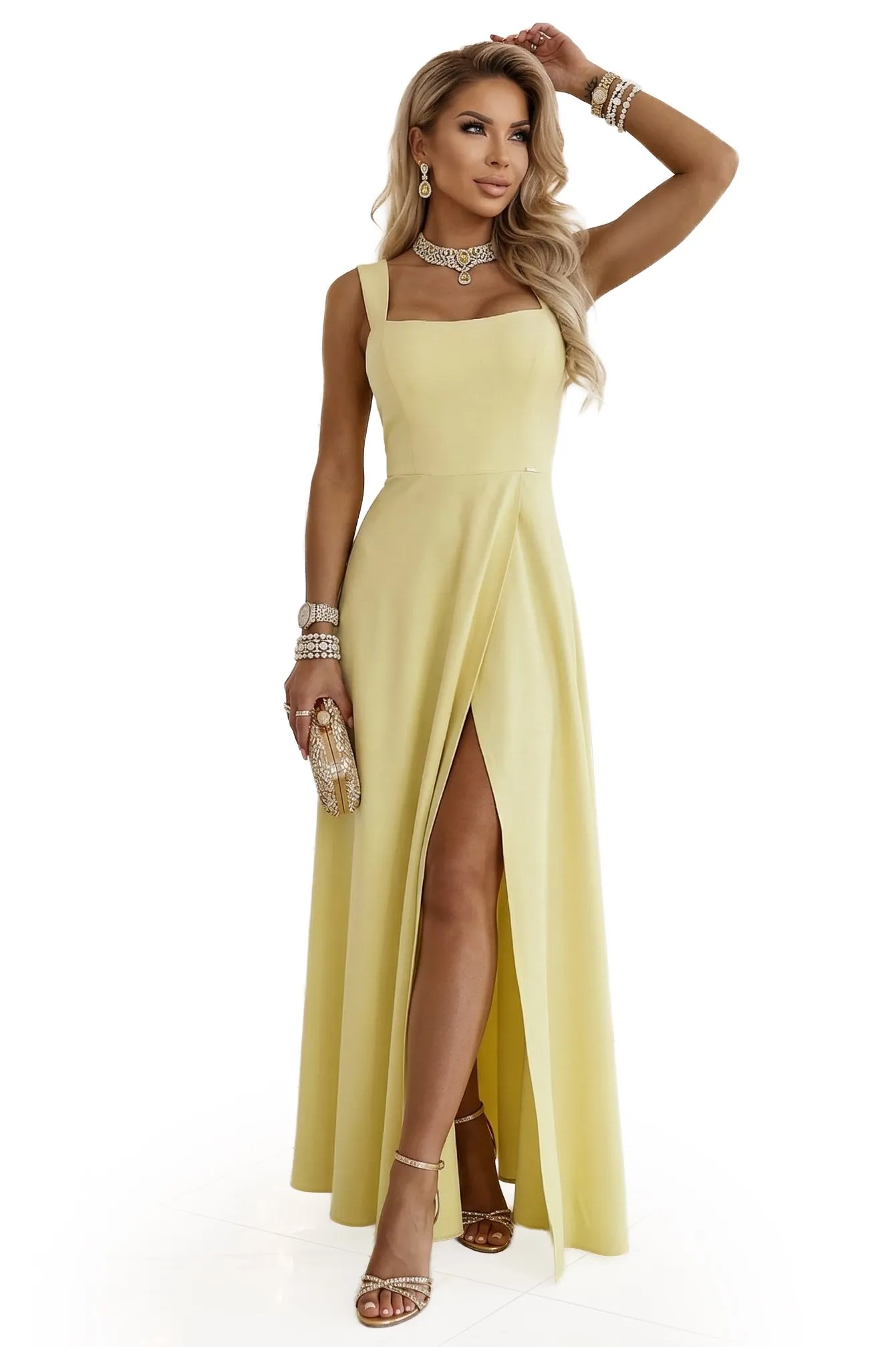 633-3 AURELIA Long Wedding Dress with Slit and Diamond Neckline - Butter Yellow with Glitter