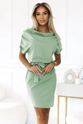  240-10 ROXI comfortable dress with an asymmetric skirt and belt - pistachio 
