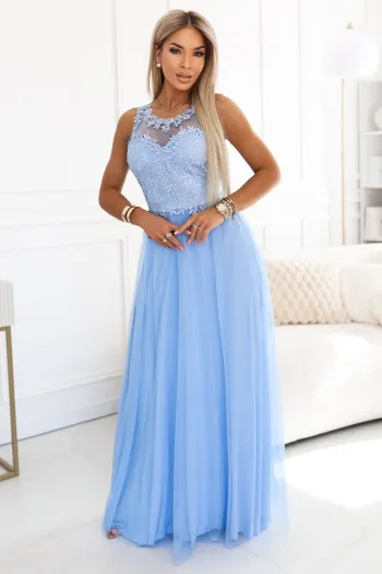  672-1 Romantic maxi wedding dress with embroidered lace and tulle - baby blue 
