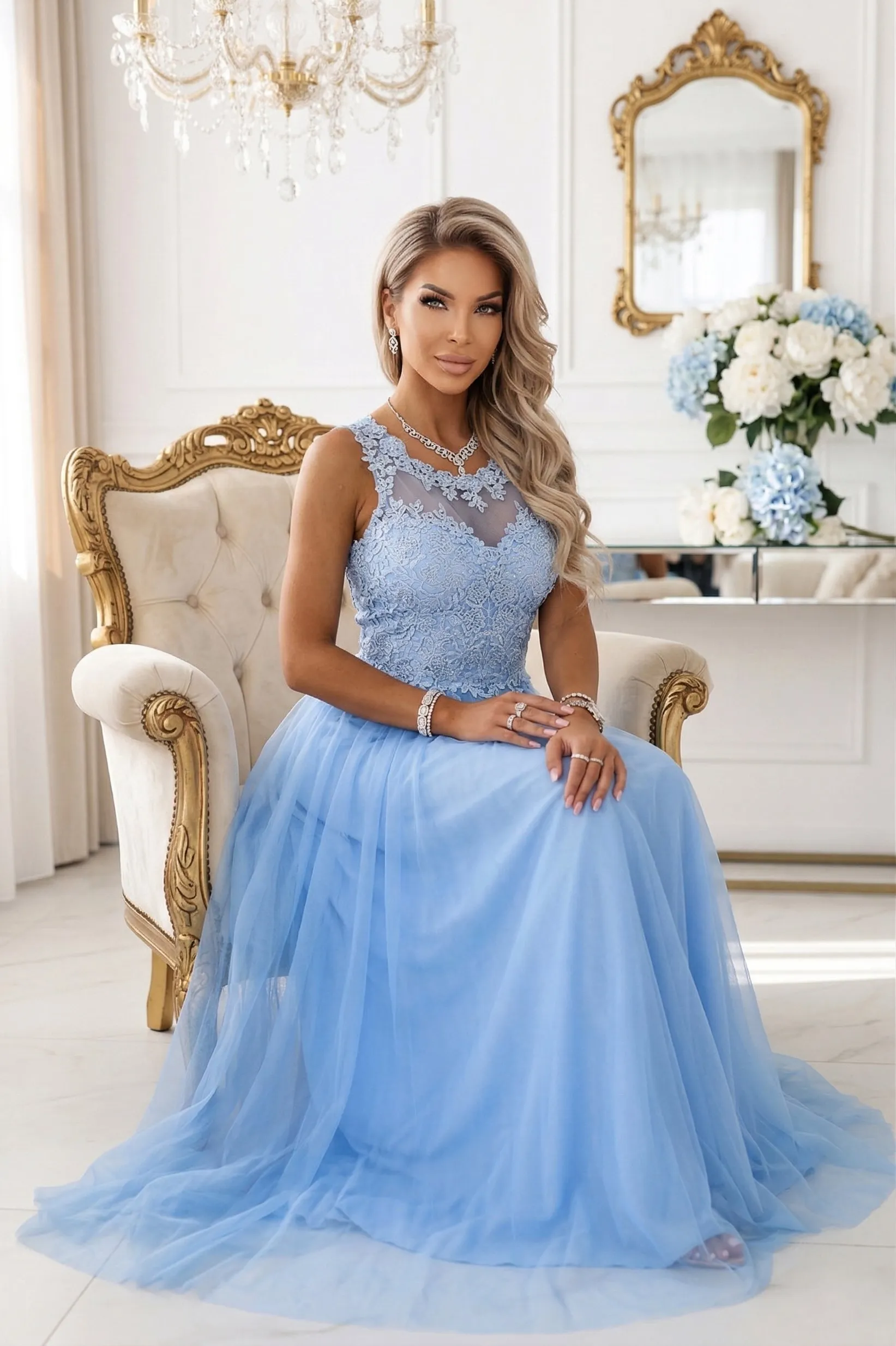 672-1 Romantic maxi wedding dress with embroidered lace and tulle - baby blue