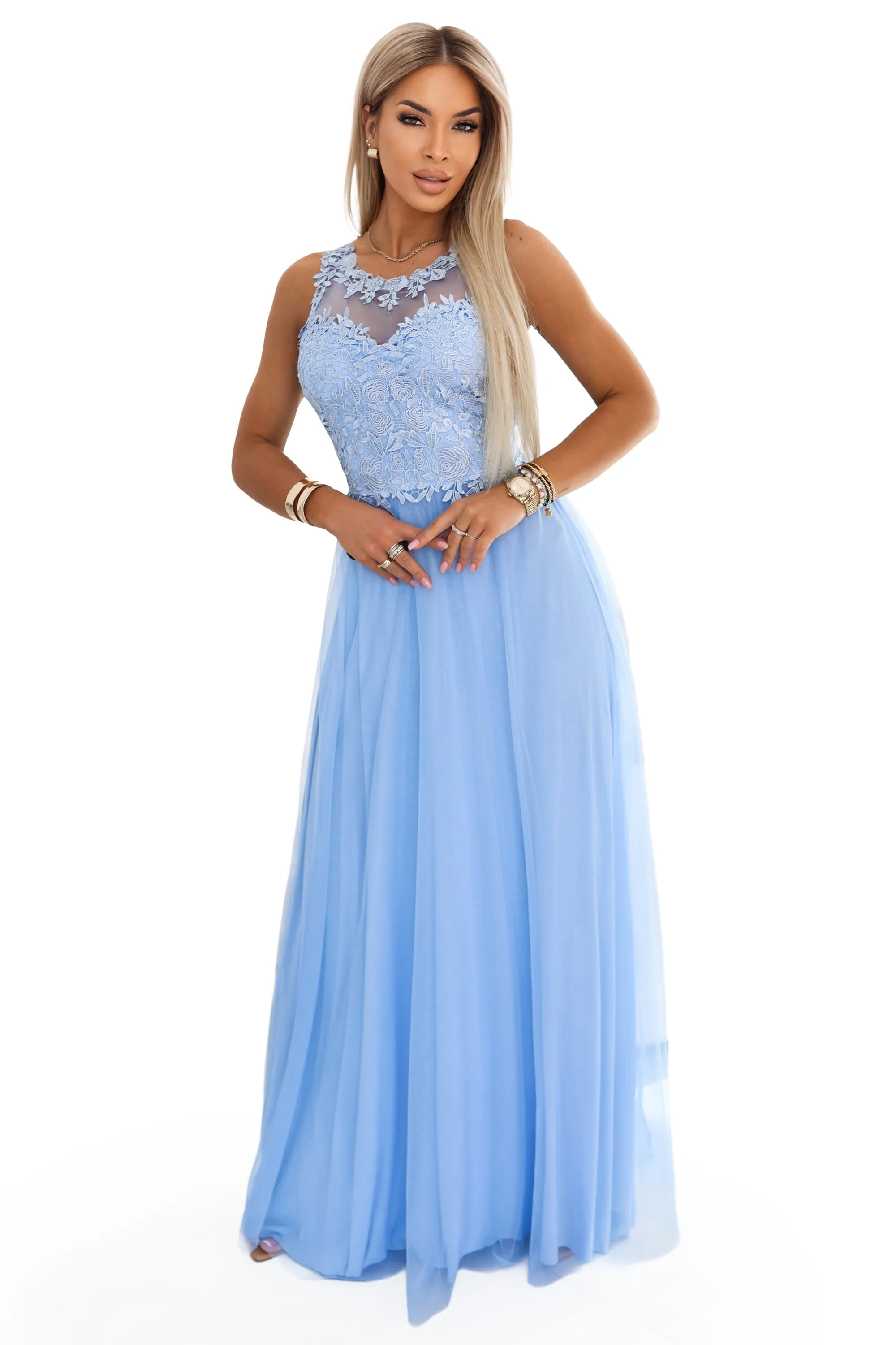 672-1 Romantic maxi wedding dress with embroidered lace and tulle - baby blue