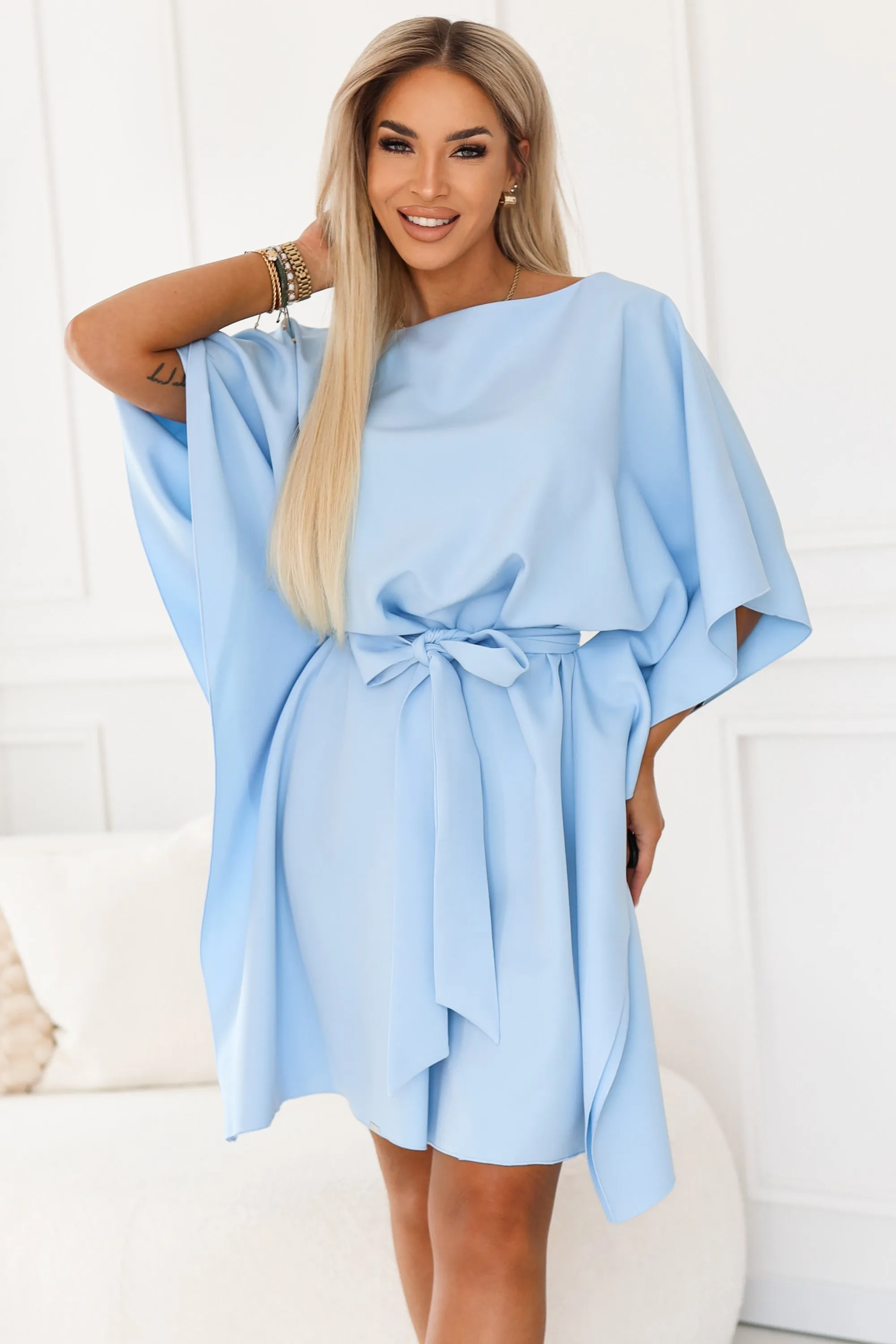 287-43 SOFIA Butterfly-style dress with a tie waist - light blue