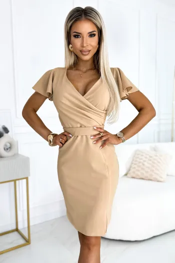 479-11 NINA Dress with a wrap neckline, sleeves and a belt - dark beige 