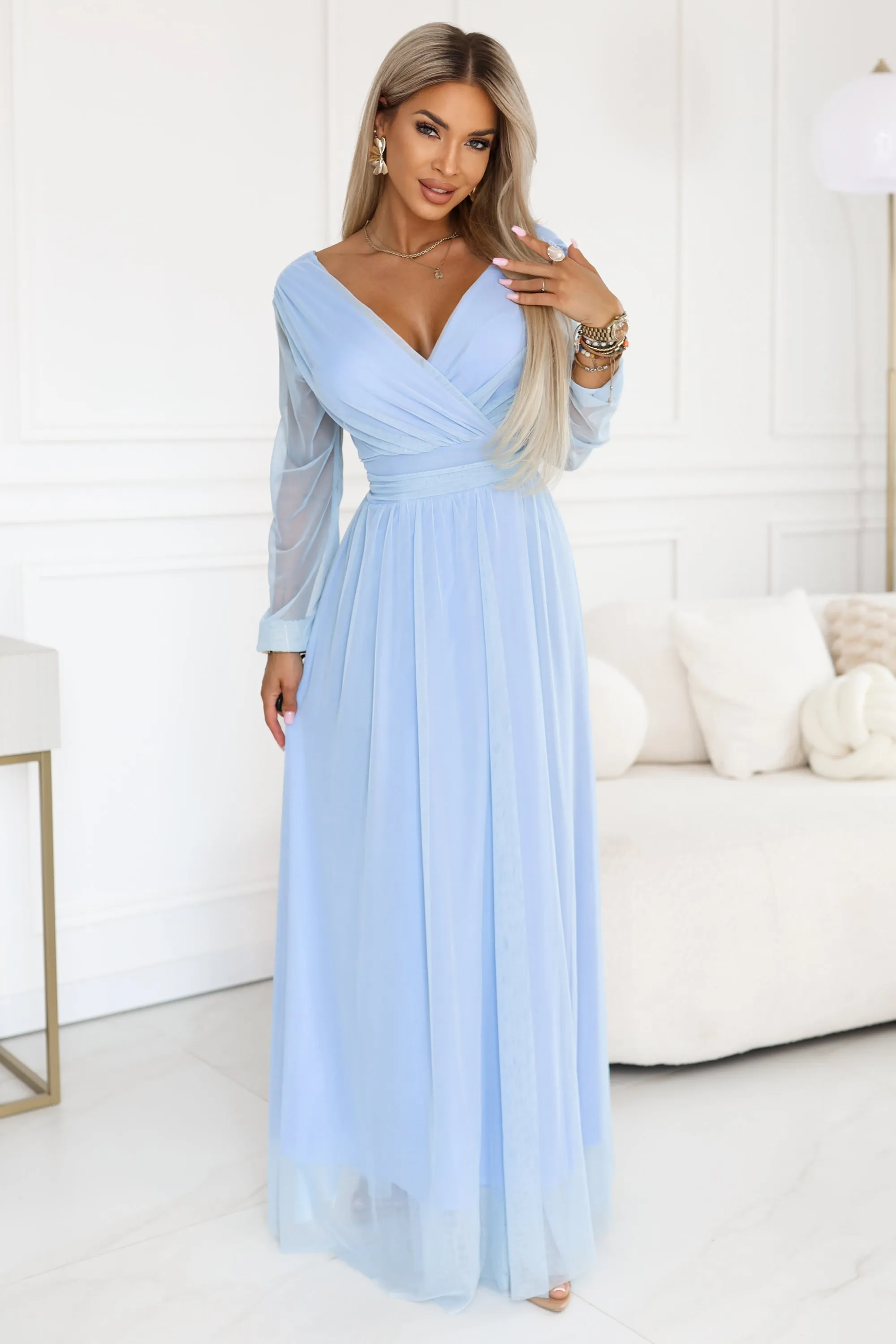 664-5 Long maxi dress with tulle sleeves and a wrap neckline - sky blue
