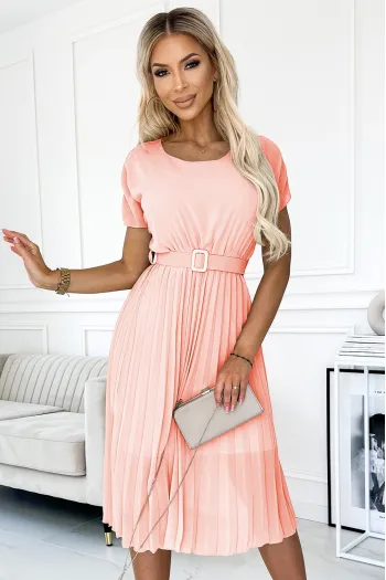  465-1 MIA Pleated midi dress with a wide belt - peach 