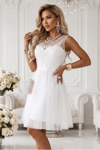  522-5 CATERINA Feminine dress with guipure lace and delicate tulle - white 