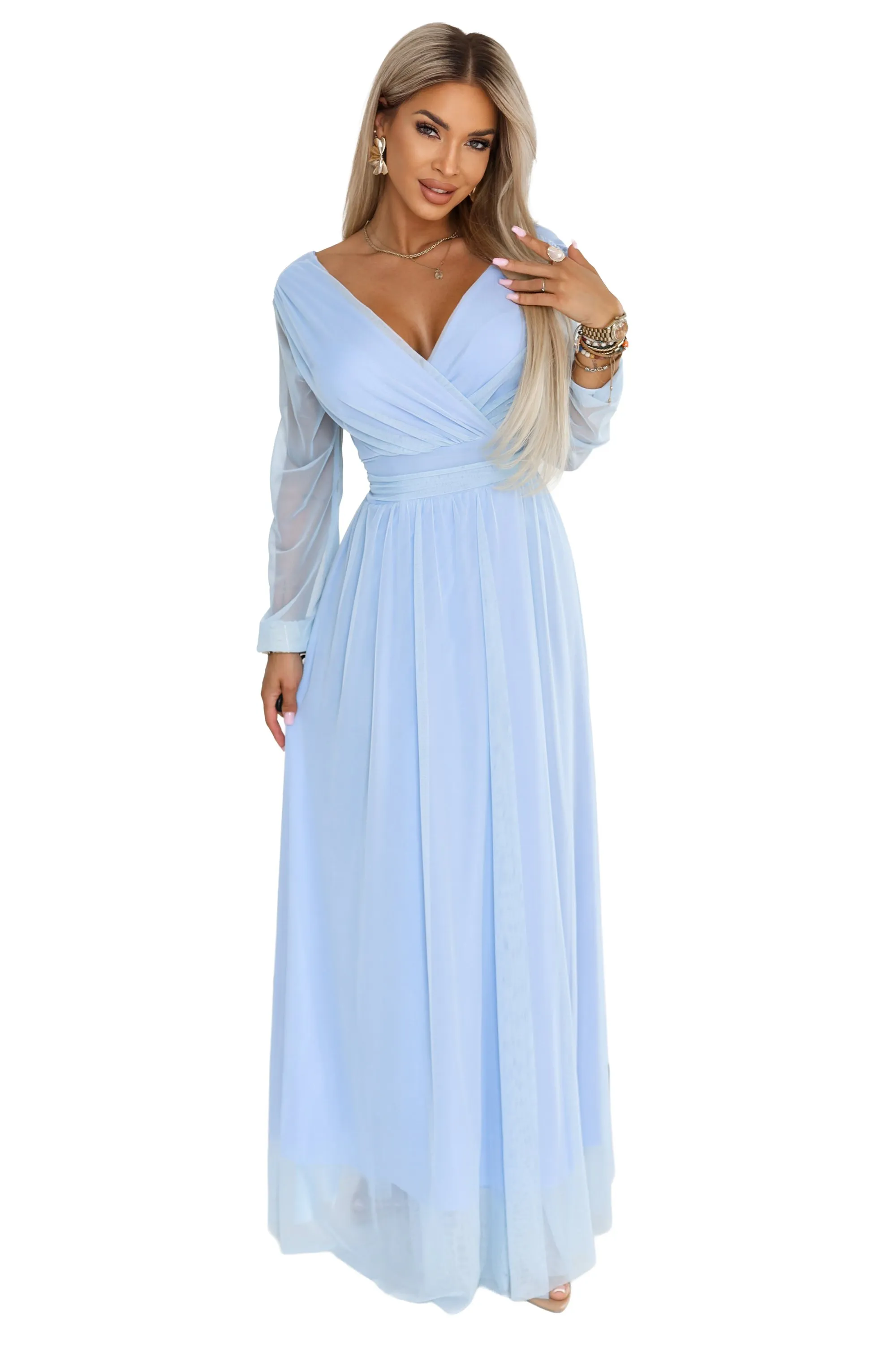 664-5 Long maxi dress with tulle sleeves and a wrap neckline - sky blue
