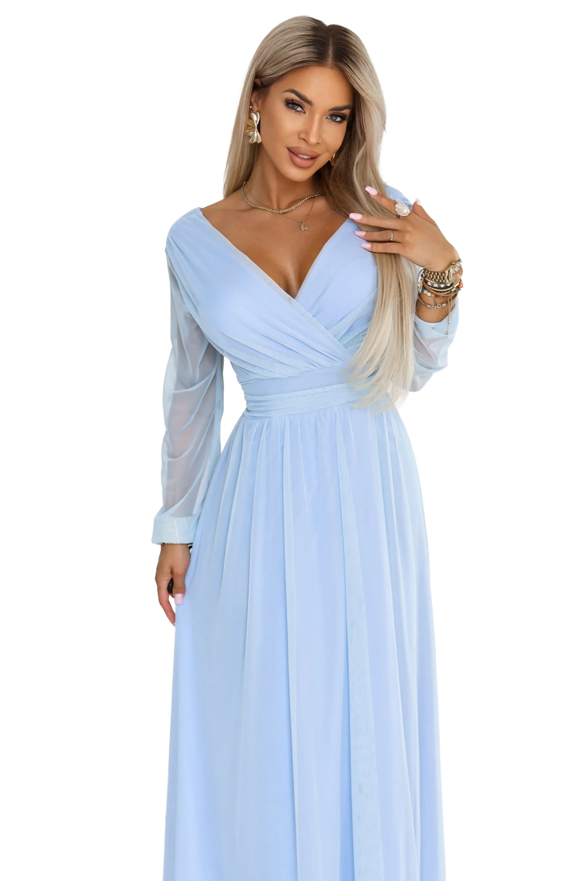 664-5 Long maxi dress with tulle sleeves and a wrap neckline - sky blue