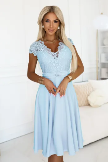  381-8 LINDA chiffon flowing dress with lace neckline - blue 