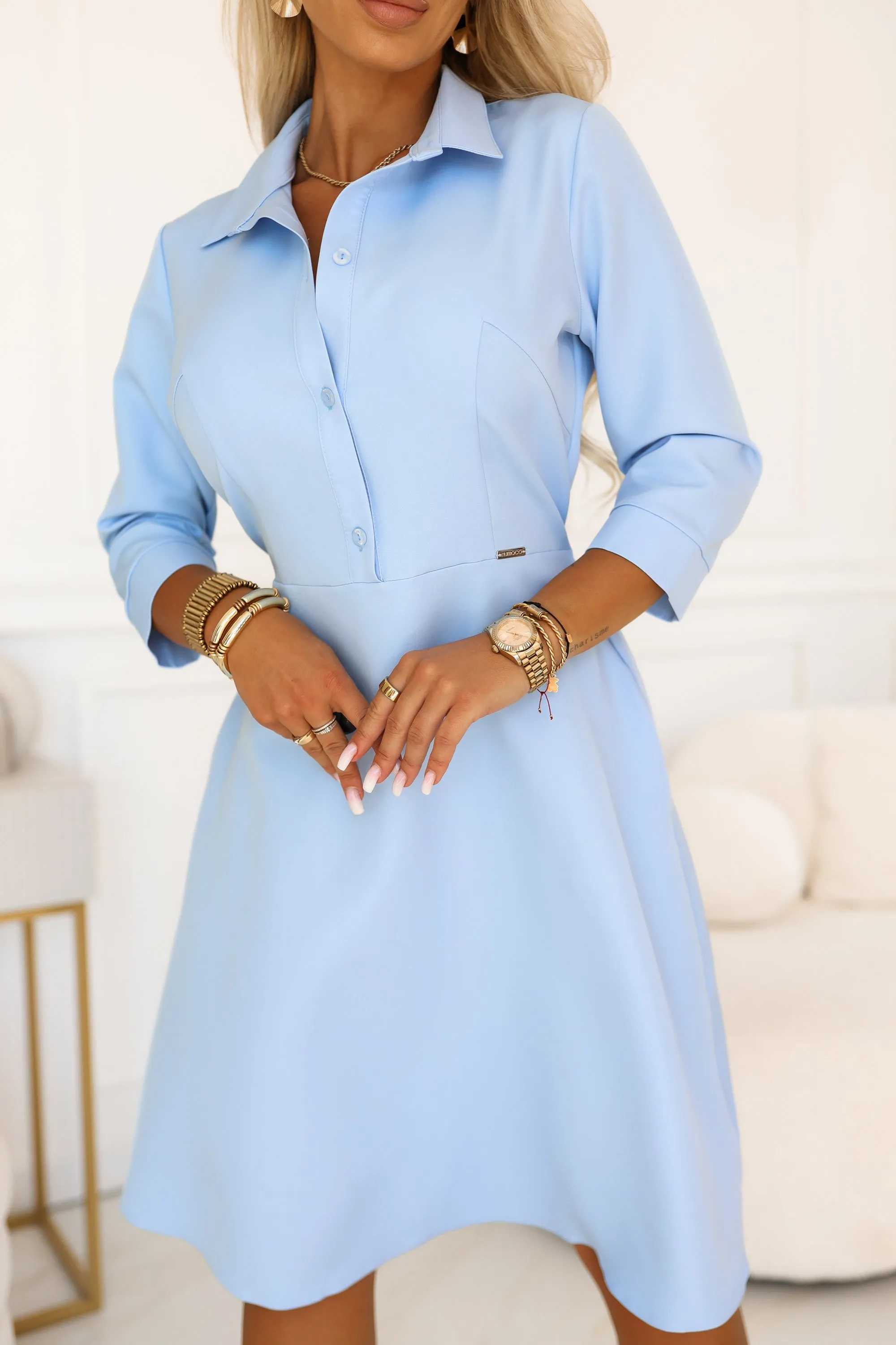286-10 SANDY Shirt-style flared dress with belt - sky blue