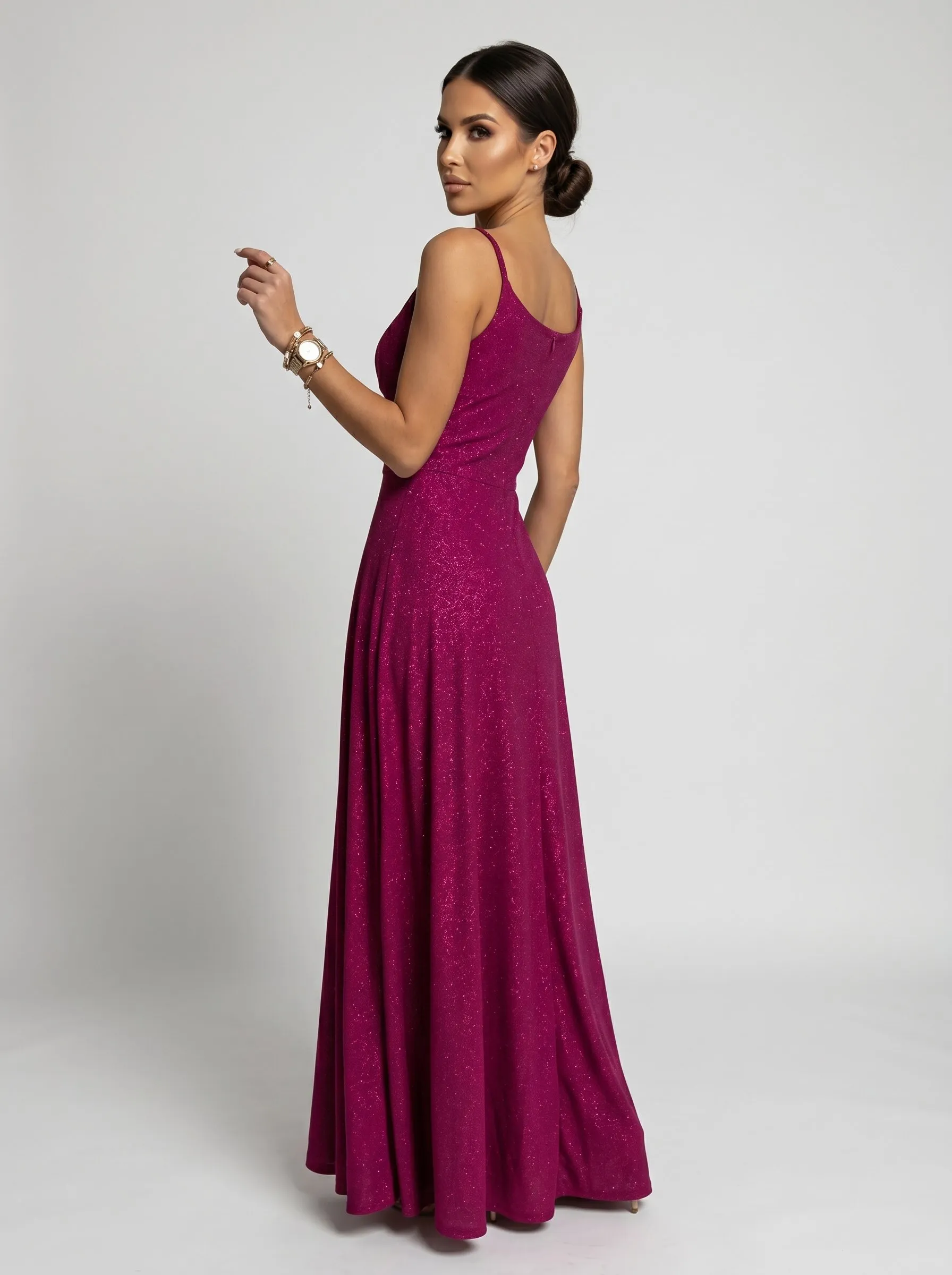 299-21 CHIARA Evening maxi long gown on straps - brocade fuchsia