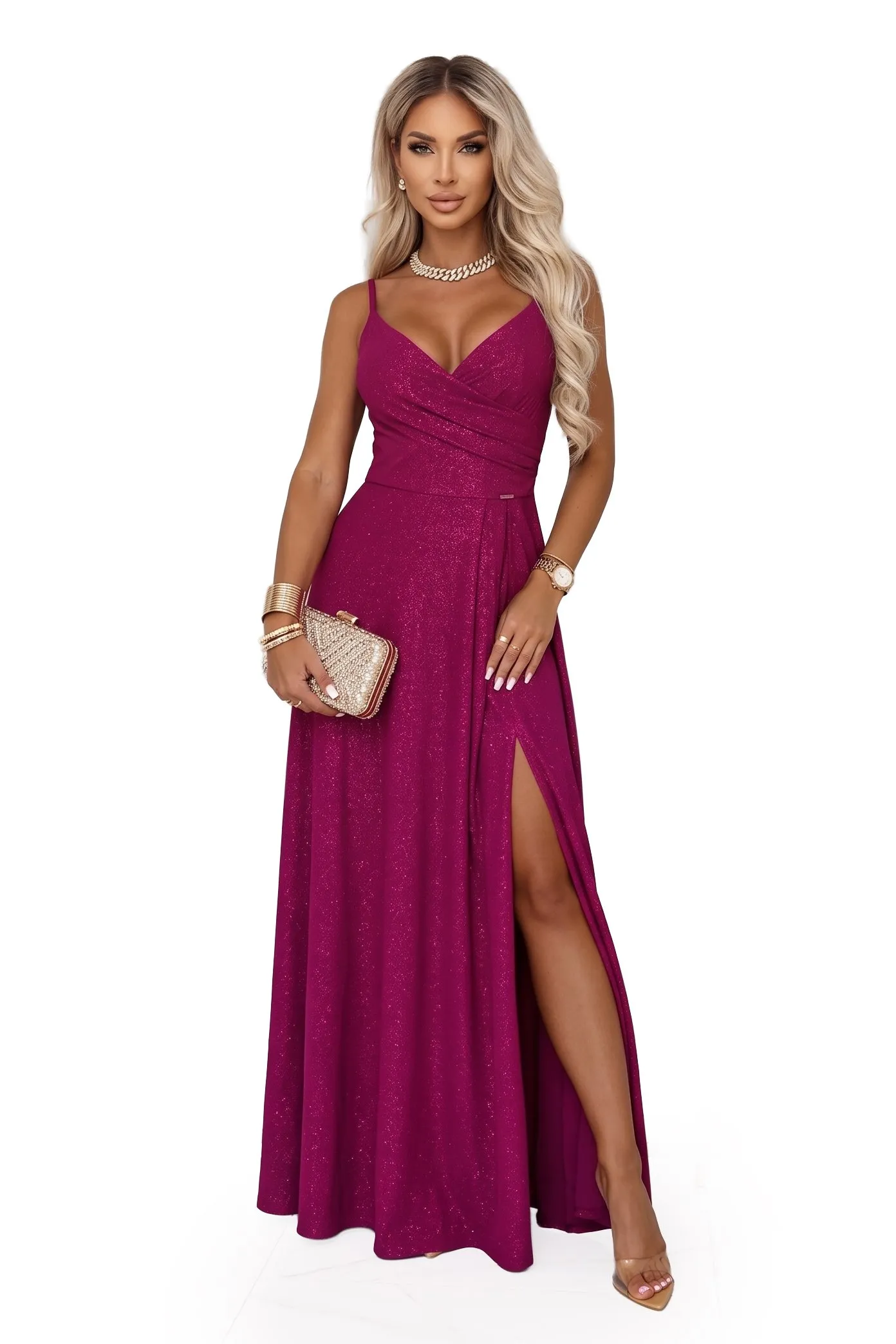299-21 CHIARA Evening maxi long gown on straps - brocade fuchsia