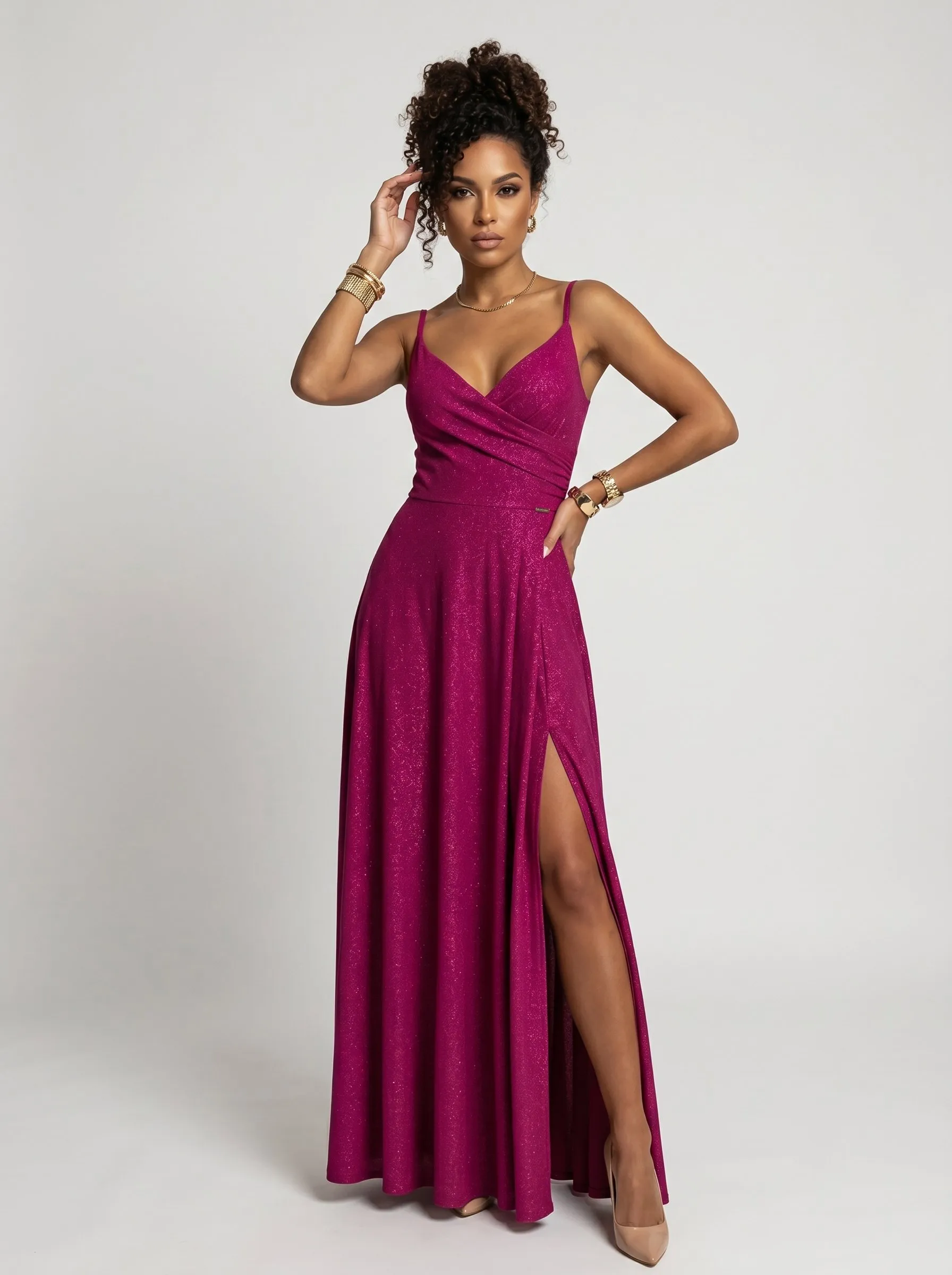 299-21 CHIARA Evening maxi long gown on straps - brocade fuchsia