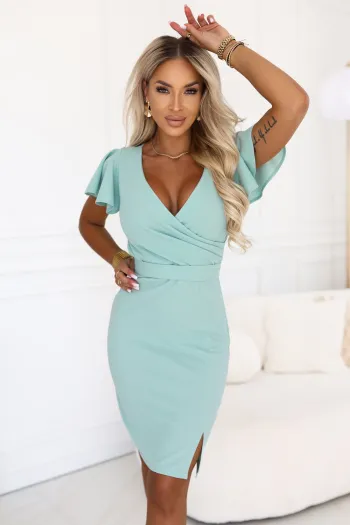  479-15 NINA Dress with wrap neckline, sleeve and belt - pistachio 