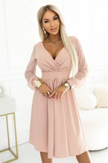  657-2 Elegant midi dress with wrap neckline and tulle sleeves - beige 