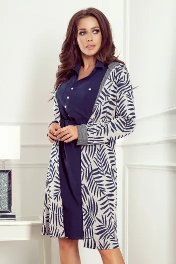  218-3 Coat with hood and pockets - blue leaves 