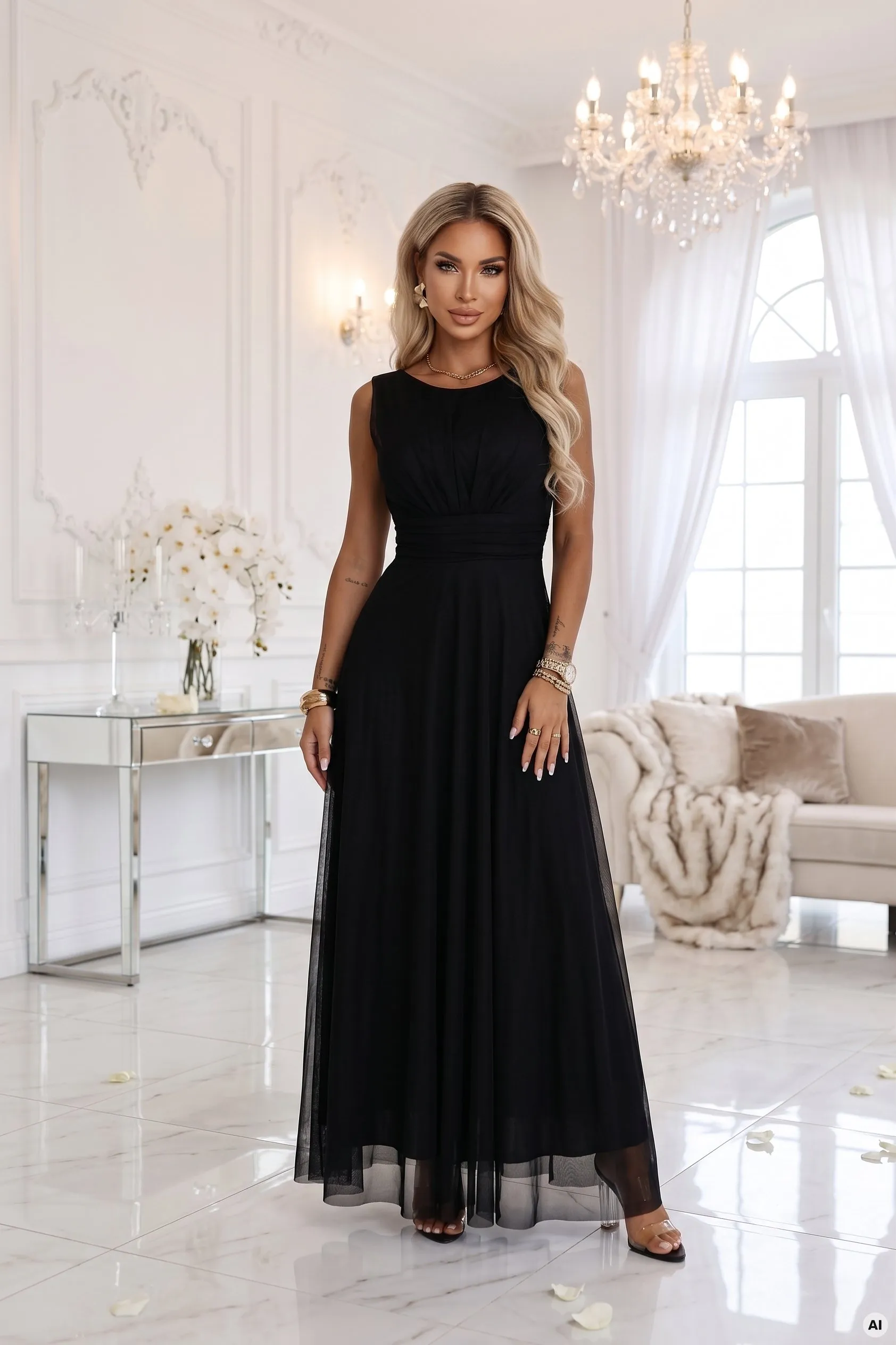 678-3 ELIRA długa sukienka tiulowa maxi z okrągłym dekoltem - czarna