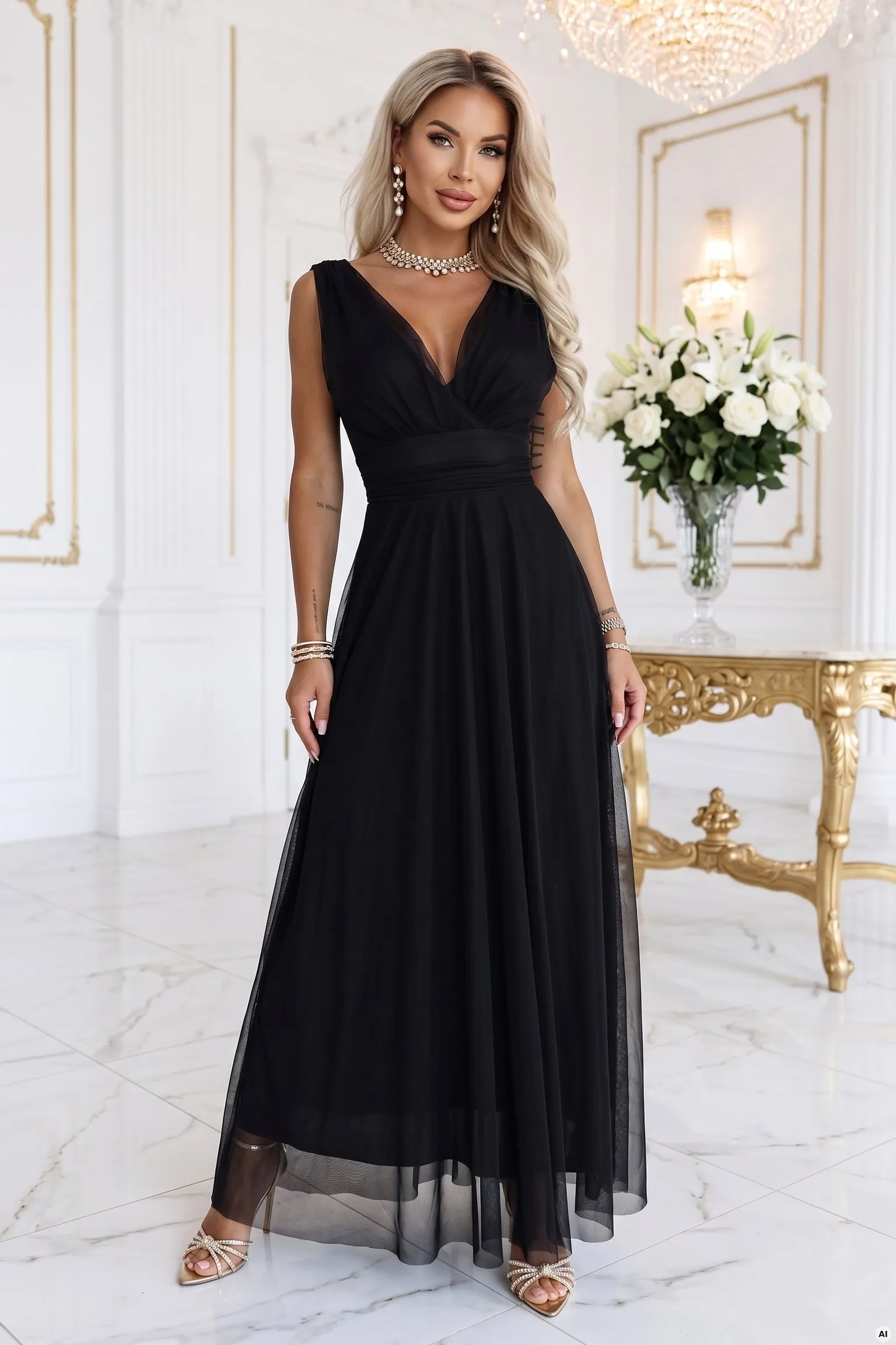 687-1 Elegancka sukienka maxi z kopertowym dekoltem i odkrytymi plecami - czarna