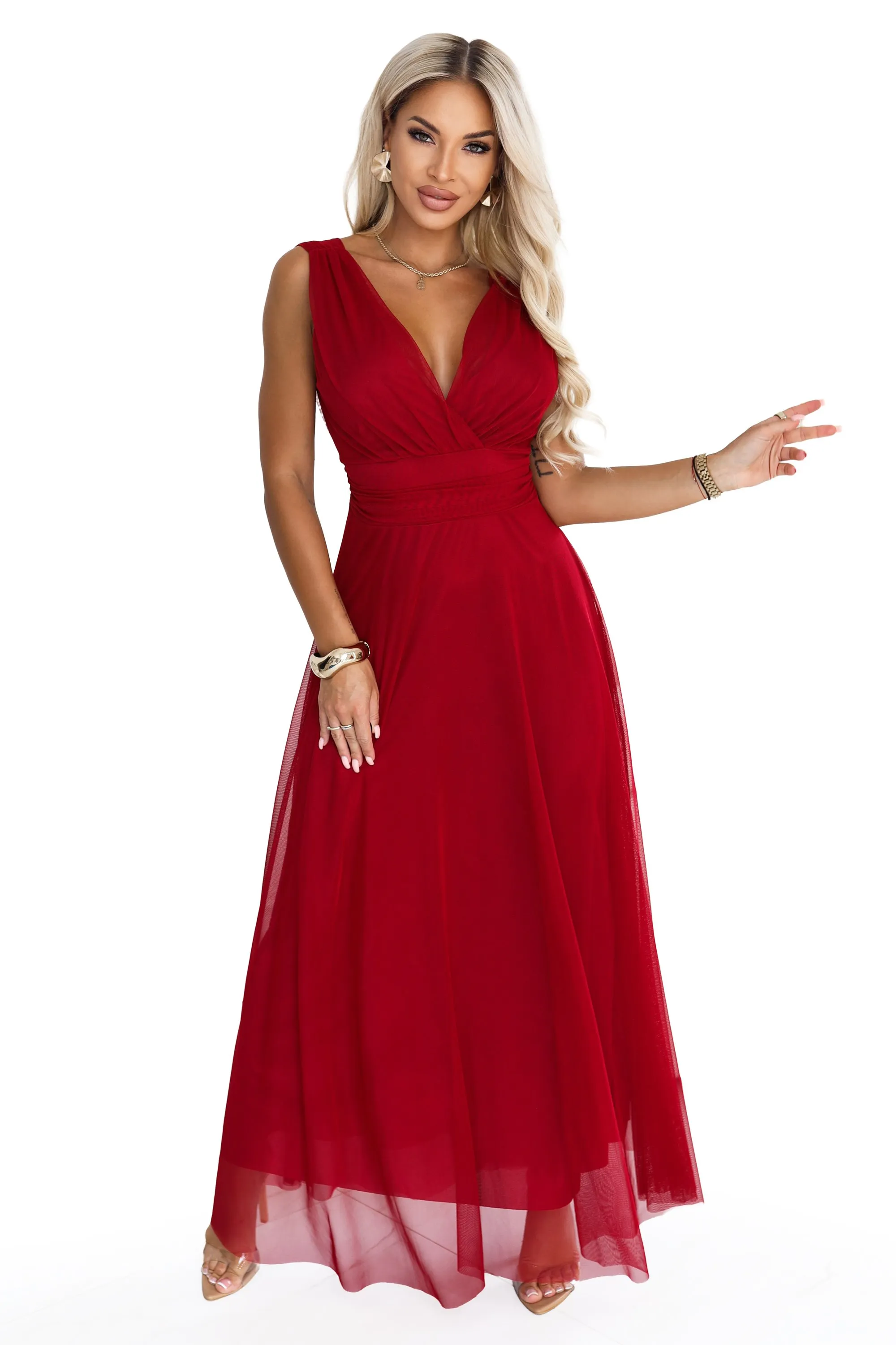 687-2 Elegancka sukienka maxi z kopertowym dekoltem i odkrytymi plecami - jasne bordo