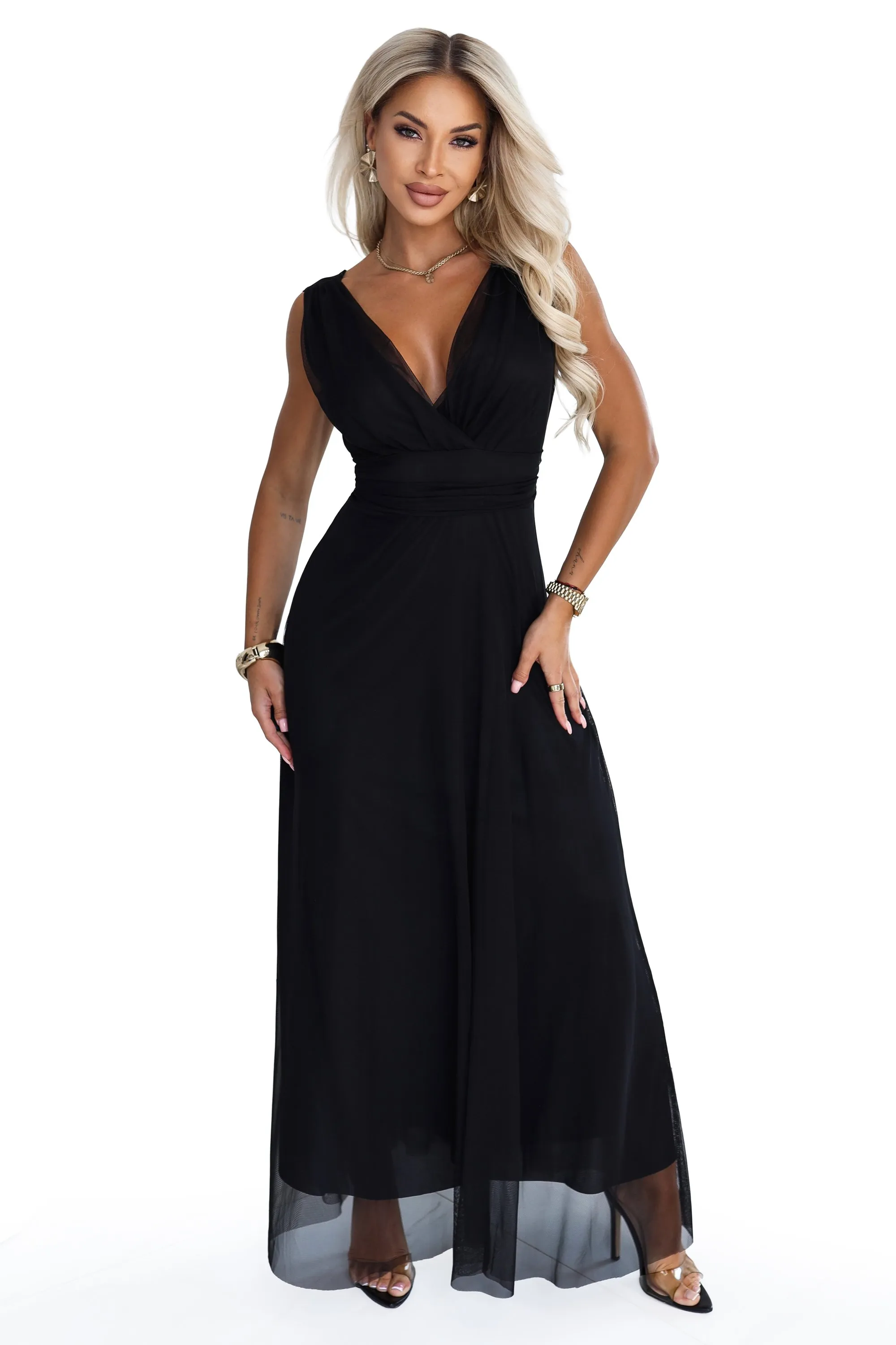 687-1 Elegancka sukienka maxi z kopertowym dekoltem i odkrytymi plecami - czarna
