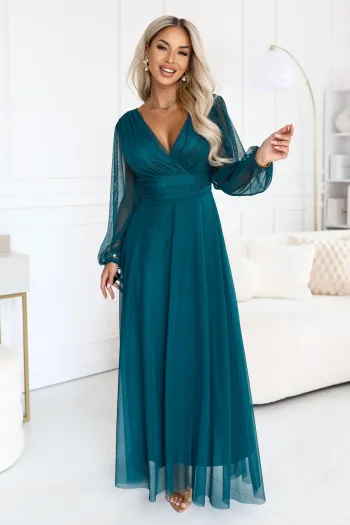 684-2 NERISSA elegancka tiulowa sukienka maxi z kopertowym dekoltem - zieleń morska