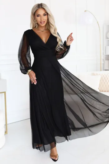 684-4 NERISSA elegancka tiulowa sukienka maxi z kopertowym dekoltem - czarna