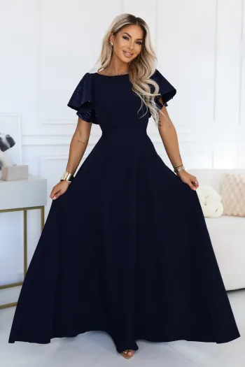 694-4 MIRELLA Elegancka rozkloszowana sukienka maxi z cekinowymi rękawkami - granatowa