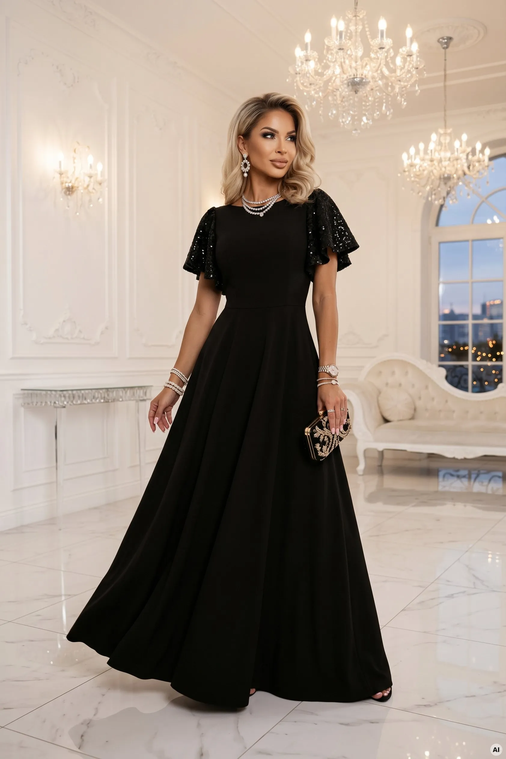 694-1 MIRELLA Elegancka rozkloszowana sukienka maxi z cekinowymi rękawkami - czarna