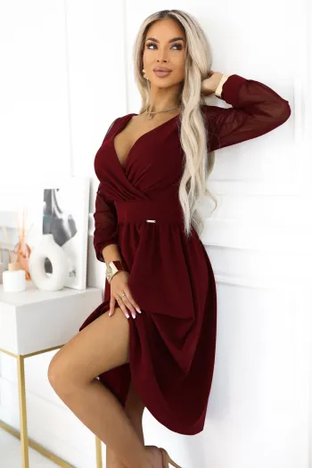 657-3 Elegancka sukienka midi z kopertowym dekoltem i tiulowymi rękawami - bordowa