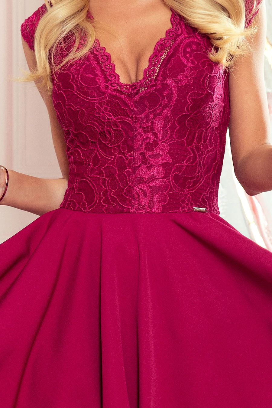 300-4 PATRICIA - dress with longer back with lace neckline - Burgundy color
