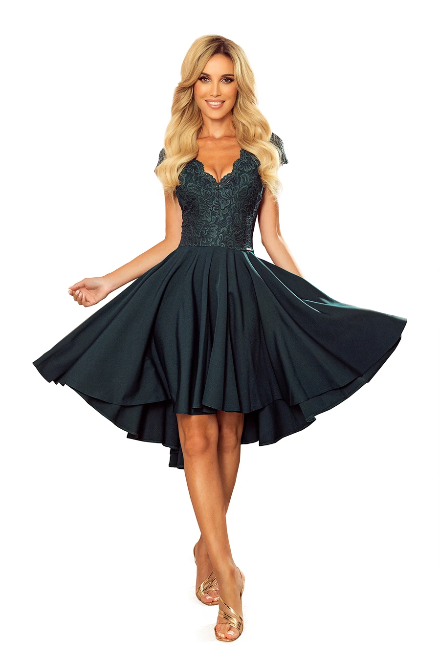 300-5 PATRICIA - dress with longer back with lace neckline - green color