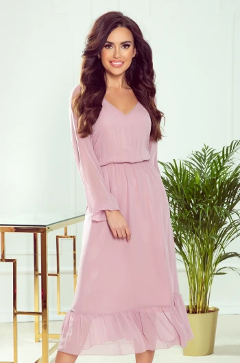 304-1 Chiffon midi dress with a neckline and frill - dirty pink