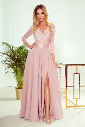 309-4 AMBER elegant lace long dress with a neckline - dirty pink