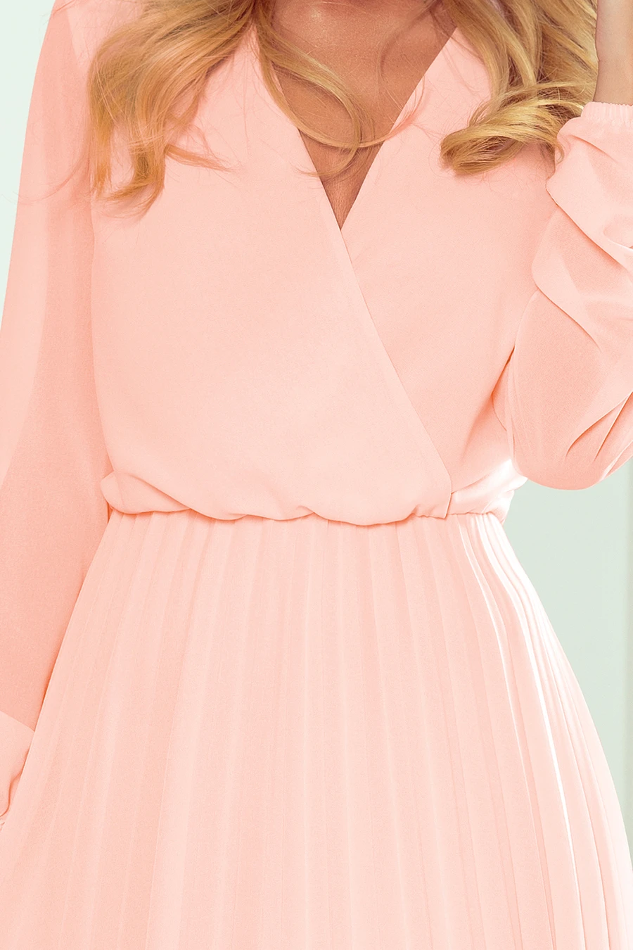 313-2 ISABELLE Pleated dress with neckline and long sleeve - peach color
