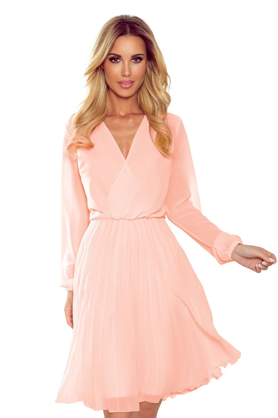 313-2 ISABELLE Pleated dress with neckline and long sleeve - peach color