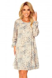 319-2 HANNAH szyfonowa sukienka z dekoltem na plecach - beżowo-niebieski wzór BOHO