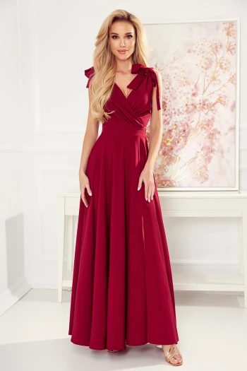 405-1 ELENA Długa suknia z dekoltem i wiązaniami na ramionach - BORDOWA