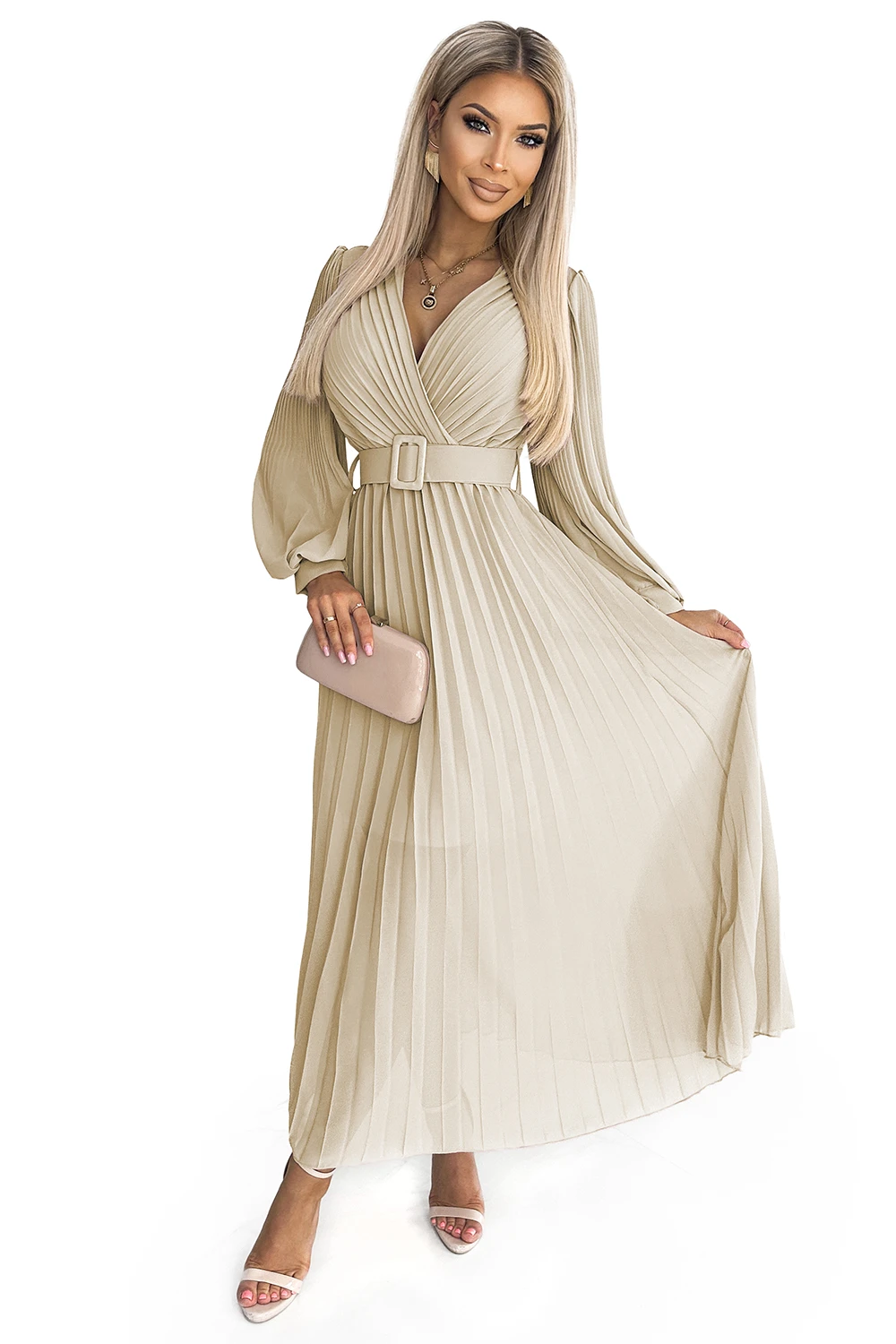 414-8 KLARA plisowana sukienka z paskiem i dekoltem - BEŻOWA
