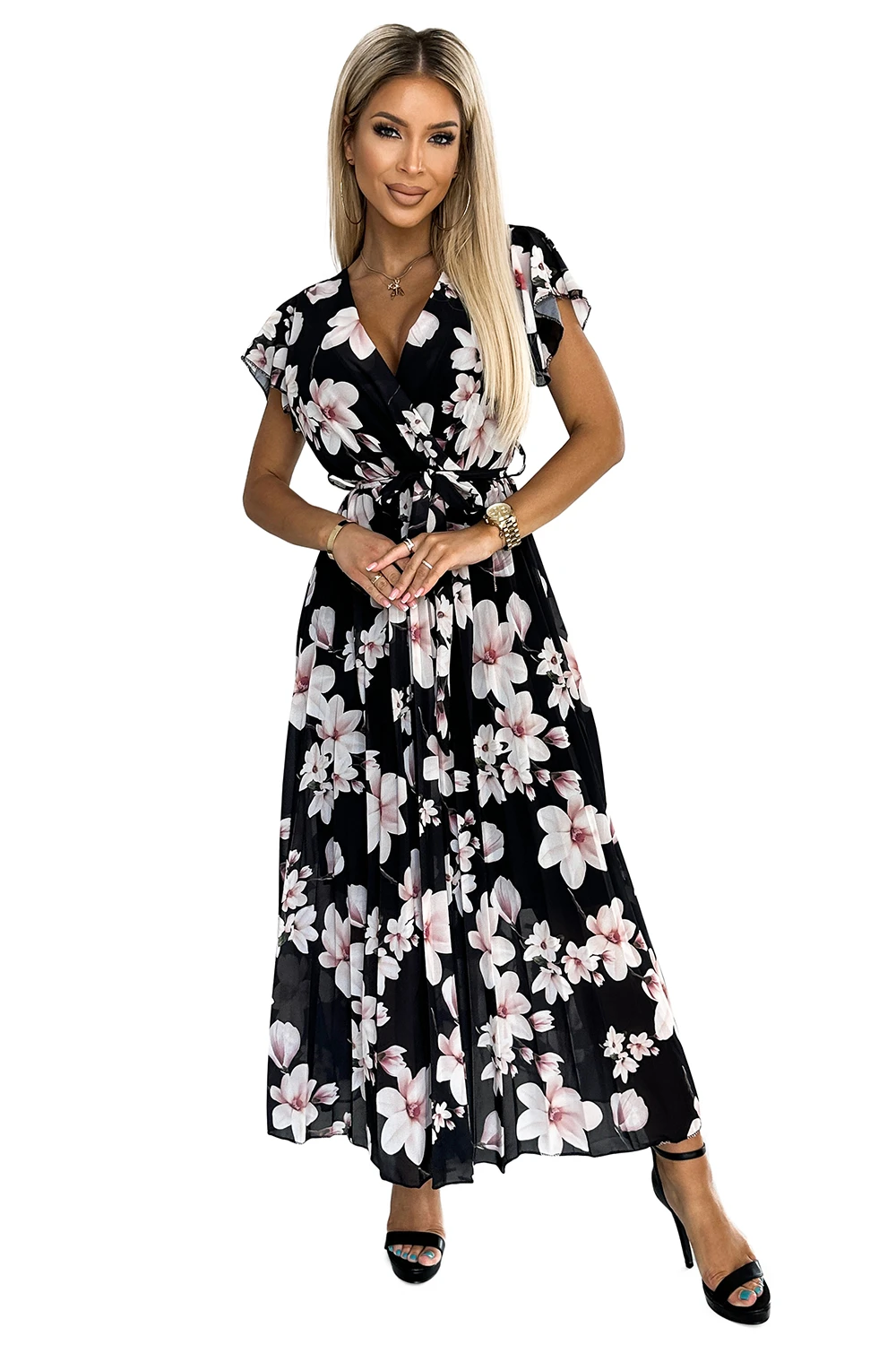 434-1 LISA Plisowana sukienka  midi z dekoltem i falbankami - kwiat brzoskwini na czarnym tle