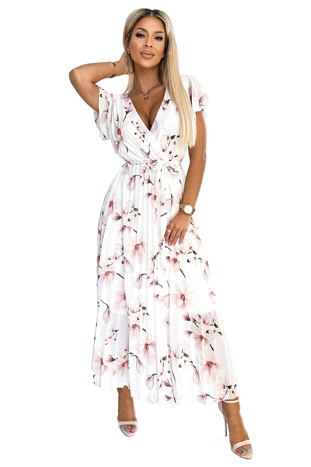 434-4 LISA Plisowana sukienka  midi z dekoltem i falbankami - kwiat brzoskwini na białym tle