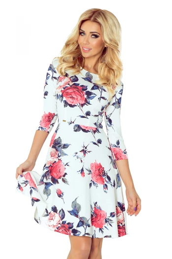  Globed dress with 3/4 sleeve - flowers - Blue 49-13 